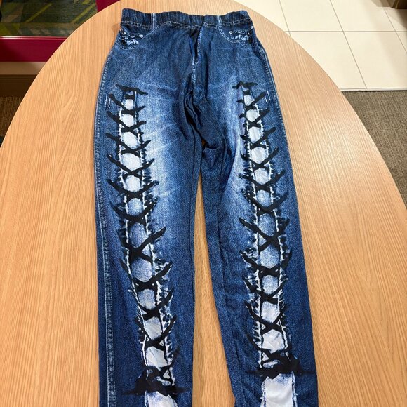 Shein Leggings Medium Denim Jeans Print Blue Polyester Blend Pull On Elastic - Picture 1 of 3